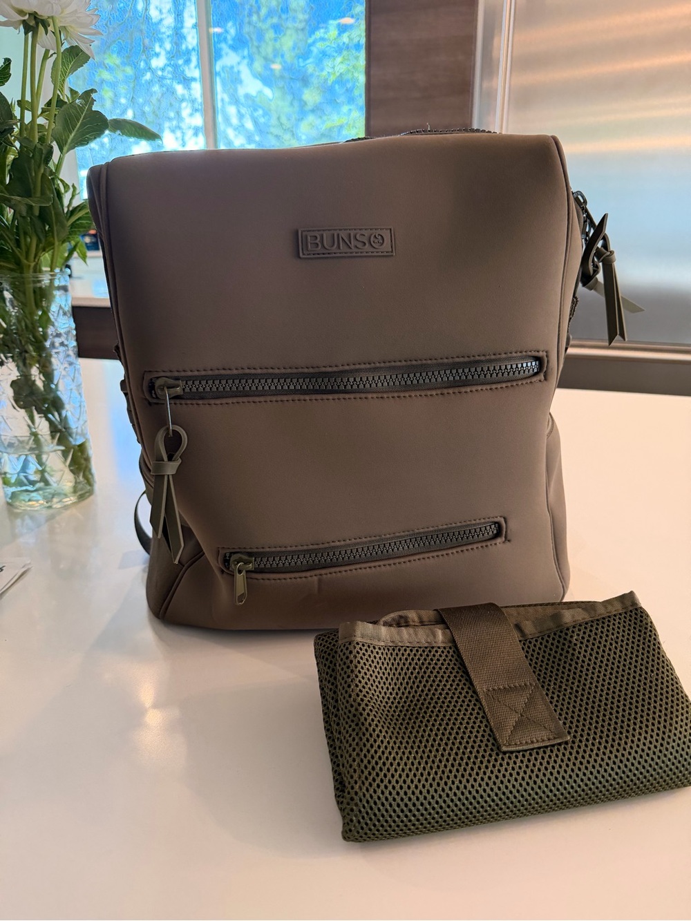 Green neoprene diaper bag backpack